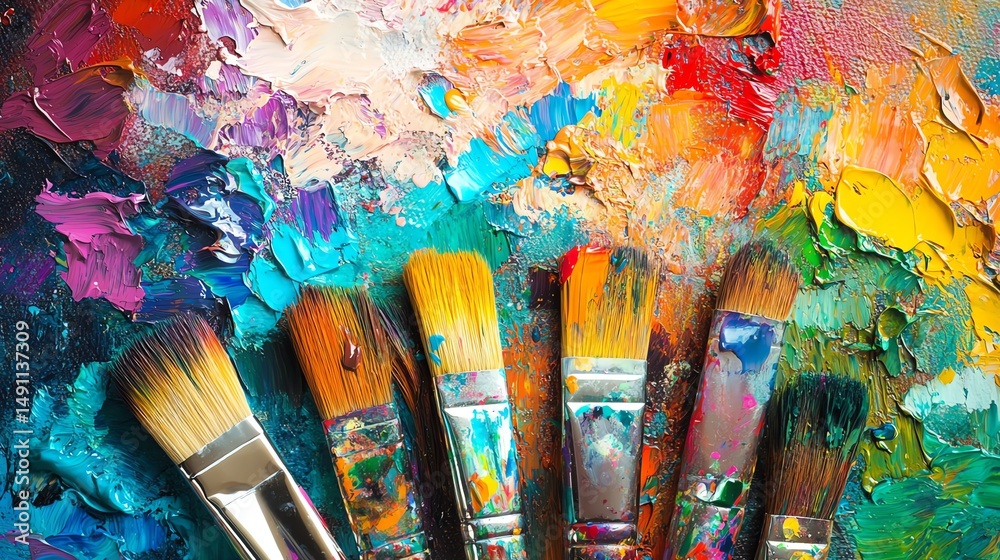 Fototapeta premium A close-up showcases a painters palette overflowing with brightly colored, wet paints.