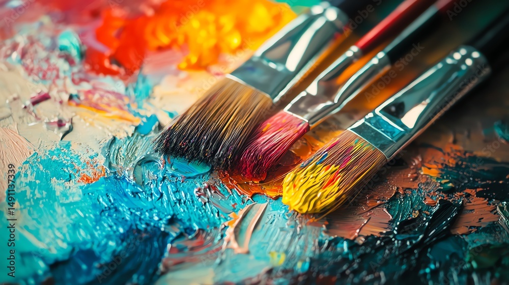 Fototapeta premium A close-up showcases an artists palette brimming with intensely colored paints.