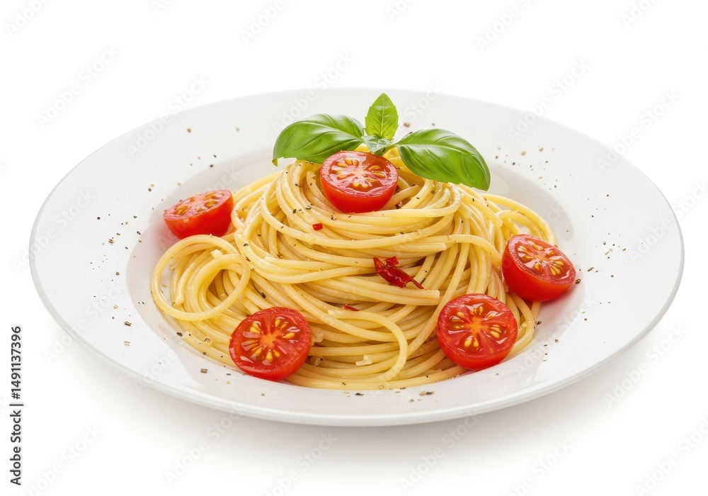 Spaghetti served on a white plate with fresh basil leaves and sliced cherry tomato Spaghetti served on a white plate with fresh basil leaves and sliced cherry tomato