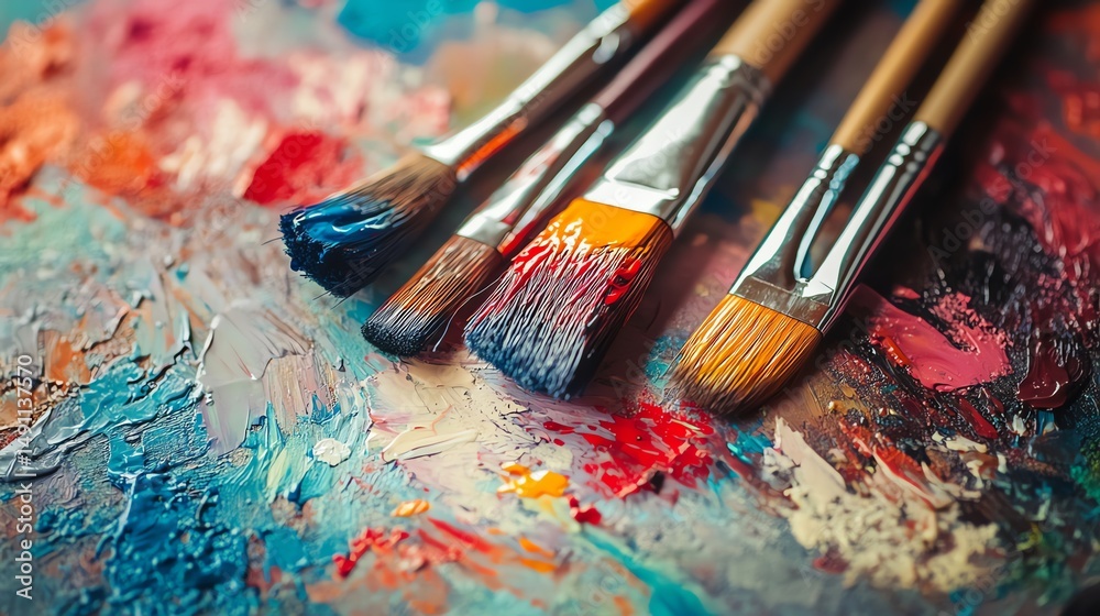 Fototapeta premium A close-up showcases a vibrant artists palette overflowing with colorful paints.