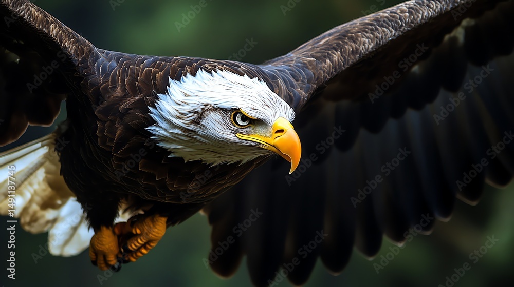 Fototapeta premium An eagle is soaring through the sky with its wings fully extended.