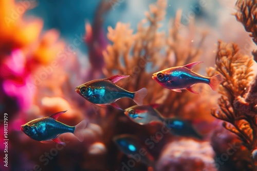Vibrant, iridescent fish swim gracefully amidst a coral reef, showcasing their beauty in an underwater paradise. photo