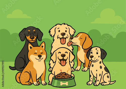 Cute Cartoon Dogs Sitting Together in Park with Dog Food Bowl – Adorable Pet Animal Illustration