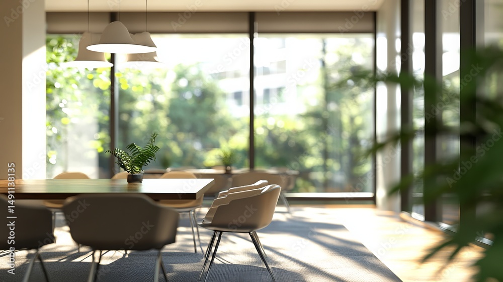 Fototapeta premium A blurry photo of an empty, modern office. The interior features chairs, a table, and large windows with bright, bokeh-style light. Ideal for design backgrounds. 