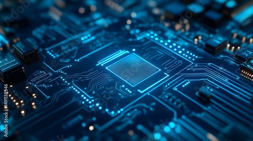 Futuristic Microchip on a High-Tech Blue Circuit Board, Representing Advanced Computing Technology and Digital Innovation in Modern Electronics.