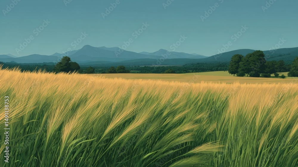 Obraz premium Landscape photograph of a field of tall, golden wheat. the field is surrounded by trees and hills, and in the background, there are mountains visible.