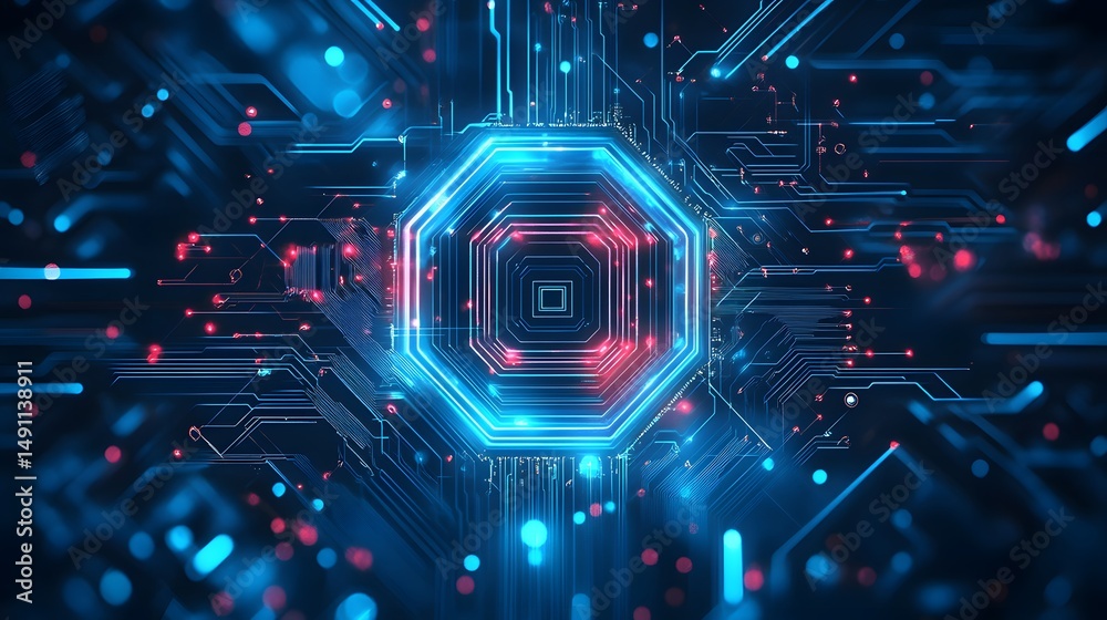 Obraz premium Futuristic Microchip on a High-Tech Blue Circuit Board, Representing Advanced Computing Technology and Digital Innovation in Modern Electronics.