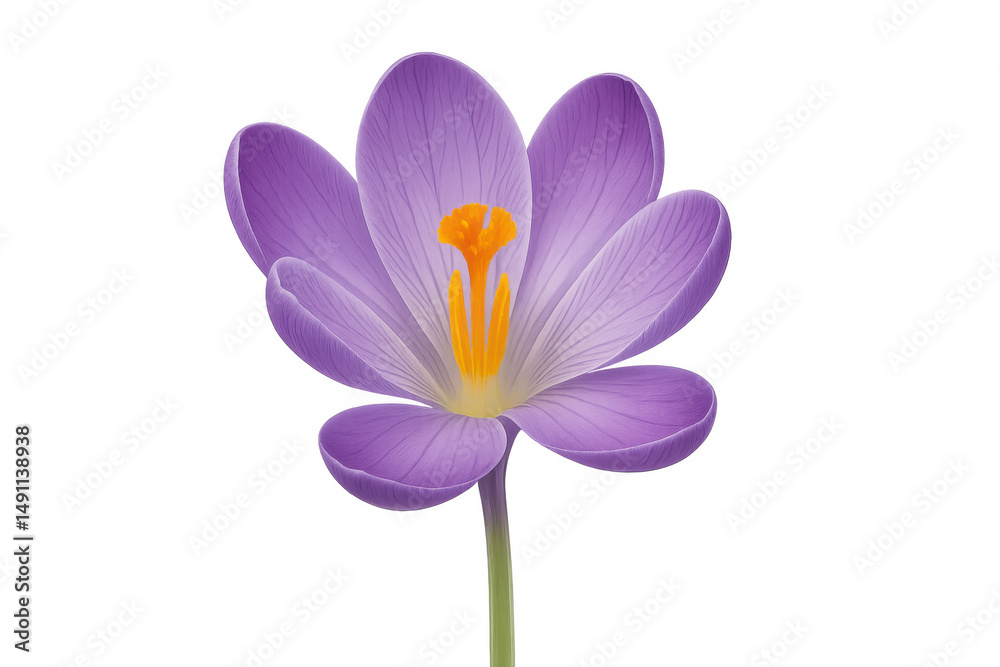 Obraz premium Purple crocus blossoming with bright orange pistil, delicate petals emerging against transparent backdrop, signaling seasonal awakening