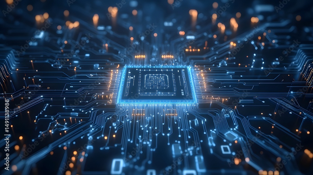 Obraz premium Futuristic Microchip on a High-Tech Blue Circuit Board, Representing Advanced Computing Technology and Digital Innovation in Modern Electronics.