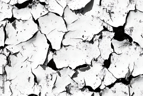 A close up of cracked white paint peeling off a surface with dark crevices in between the cracks
