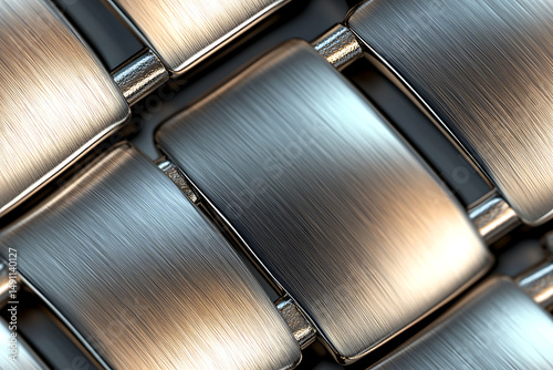 A close up view of a metal watch band with a brushed texture and interlocking rectangular links