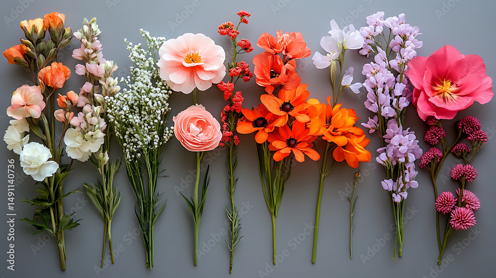 Obraz premium Artistic floral arrangement featuring varied flower types on gray surface botanical still life