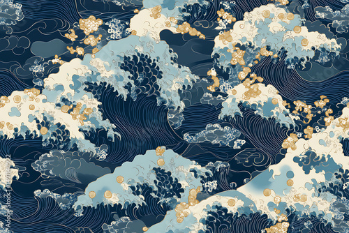 A detailed illustration of ocean waves with gold accents on a dark blue background in an artistic style