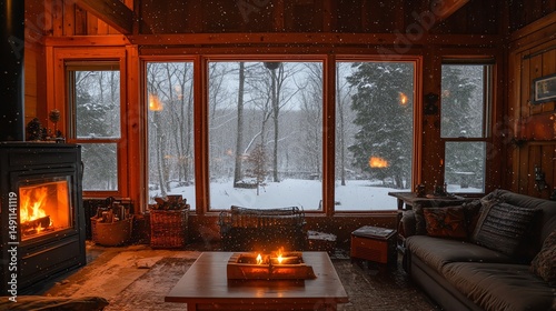 A warm, inviting living room showcases a crackling fireplace and comfortable furnishings.