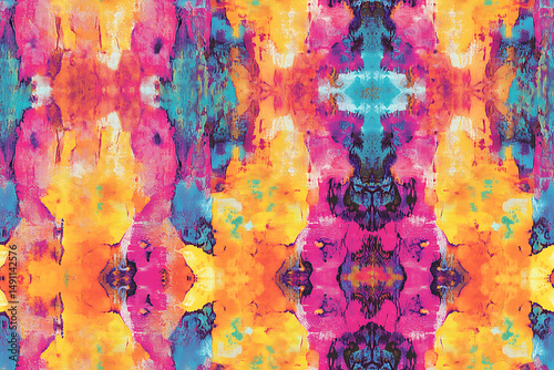Abstract watercolor painting with vibrant colors and symmetrical design elements present inside it