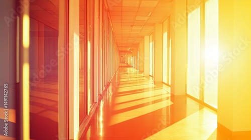 Modern Office Corridor Warm Sunlight Yellow Orange Interior Architecture Design room rays space     