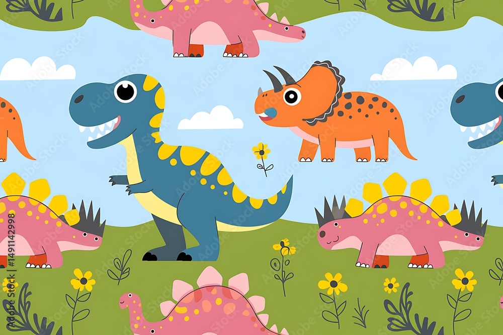Obraz premium Delightful Cartoon Dinosaurs in a Vibrant Meadow Landscape