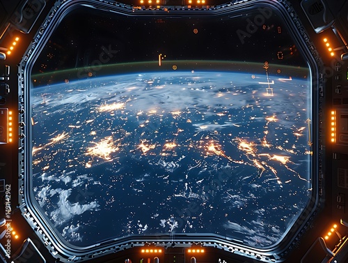 Earth seen from space through a spaceship window