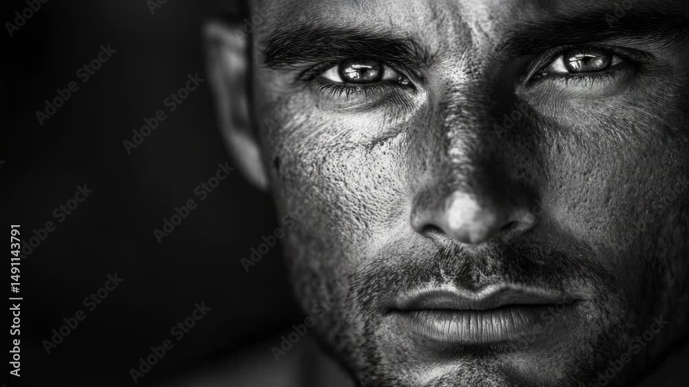 A close-up shot of a man's face in black and white, suitable for editorial or commercial use