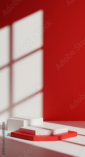 Red & White Minimalist 3D Render: Sunlit Podium