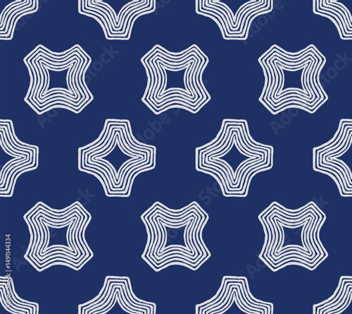 Hand drawn brush lines abstract geometric stars seamless pattern in traditional white and blue, Japanese folk and ethnic wood carving texture background, simple graphic for carpet, textile, decoration