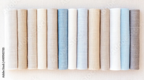 A collection of various fabric rolls in soft color tones.