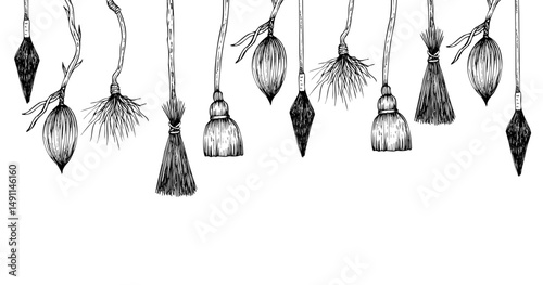 Vector flying witch's brooms banner, frame. Hand painted linear wizard halloween illustration. Graphic monochrome sketch isolated on background. For designers, prints, logo, icon, menu, postcards