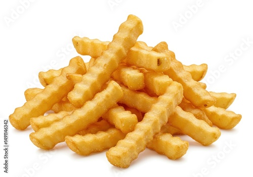 Pile of golden crinkle cut french fries isolated on a white background