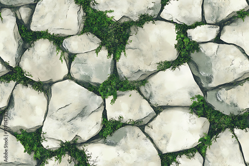 Seamless texture of light gray stones with green moss growing in between the cracks and crevices