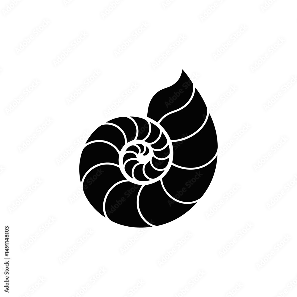 A bold, black silhouette of a nautilus shell A bold, black silhouette of a nautilus shell