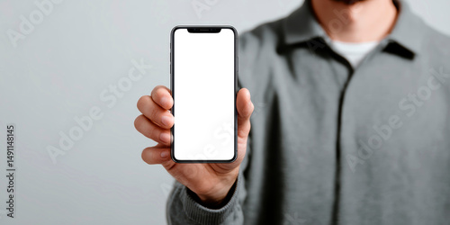 Obraz na płótnie Faceless human keeping cellphone with blank white screen in arm
