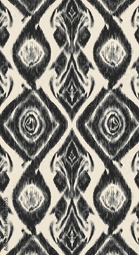 Monochromatic Ikat: Elegant Black & Cream Textile Design