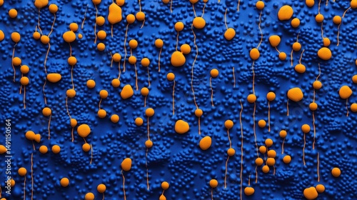 Abstract pattern of orange drops on a textured blue surface.