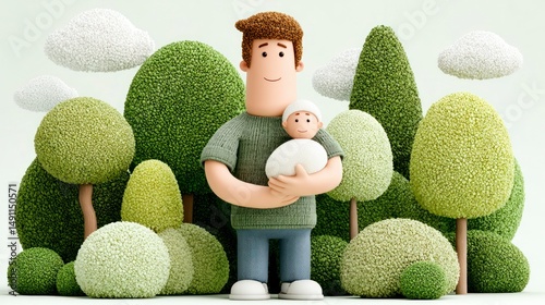 A man holding a baby in a whimsical green forest setting with stylized trees and clouds