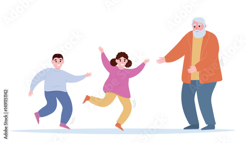 
Children run to meet an elderly man with gray hair and beard. Grandfather wants to hug a boy and a girl. Vector flat graphics.