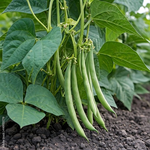 Green beans on creeping plants in countryside soil.