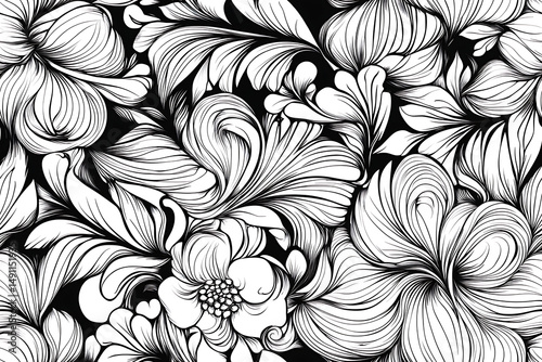 A black and white floral pattern with swirling lines and detailed flower in a seamless design style