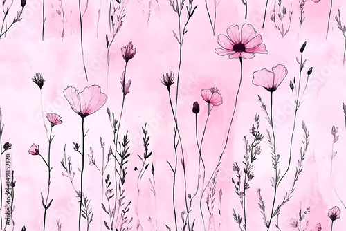 Delicate pink floral pattern with watercolor effect featuring cosmos and thin stemmed plants scattered around