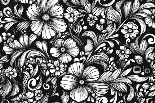 Monochrome floral pattern with detailed line work and swirling leaves on a black background