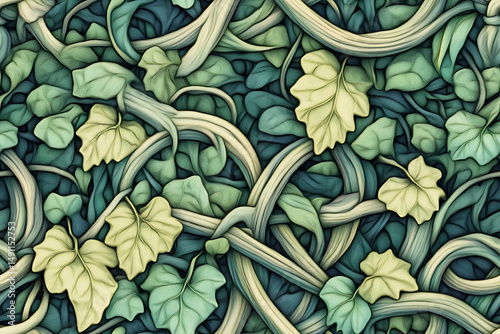 Artistic rendering of intertwined vines and leaves creating a seamless organic pattern design