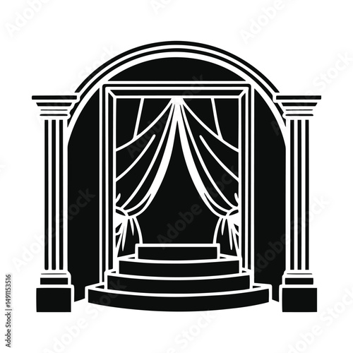 Minimalist Black and White Theater Stage with Curtains and Columns
