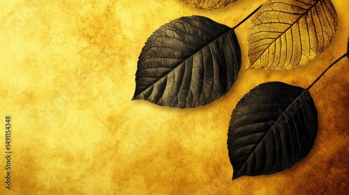Three autumn leaves against a warm golden backdrop.