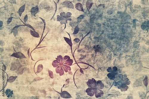 Floral pattern with purple flowers and leaves on a textured background with blue and beige hues