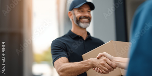 A delivery driver smiles warmly as he hands a package to a customer, they shake hands in a moment of friendly service.