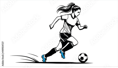 A young girl soccer player shows her sports skills with the ball during a game