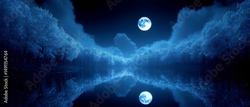 A tranquil landscape at night showcases a full moon illuminating a calm lake, with vibrant trees lining the shore creating a magical atmosphere and reflections on the water.