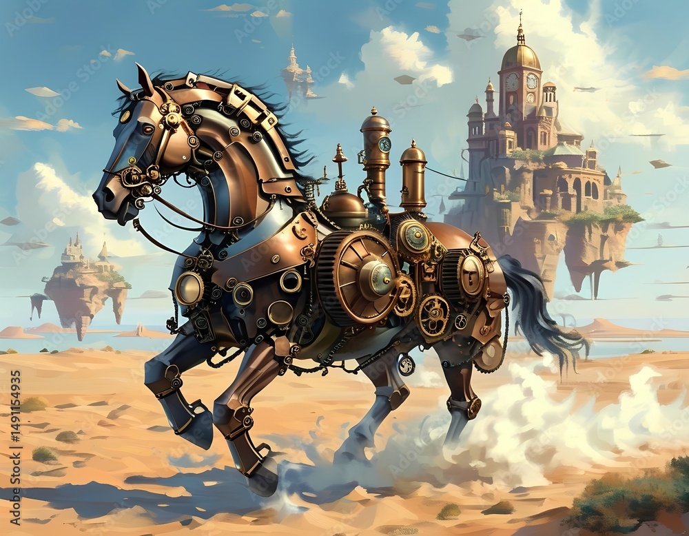 Naklejka premium Mechanical horse galloping through a surreal desert landscape with floating structures and a clock tower in the background
