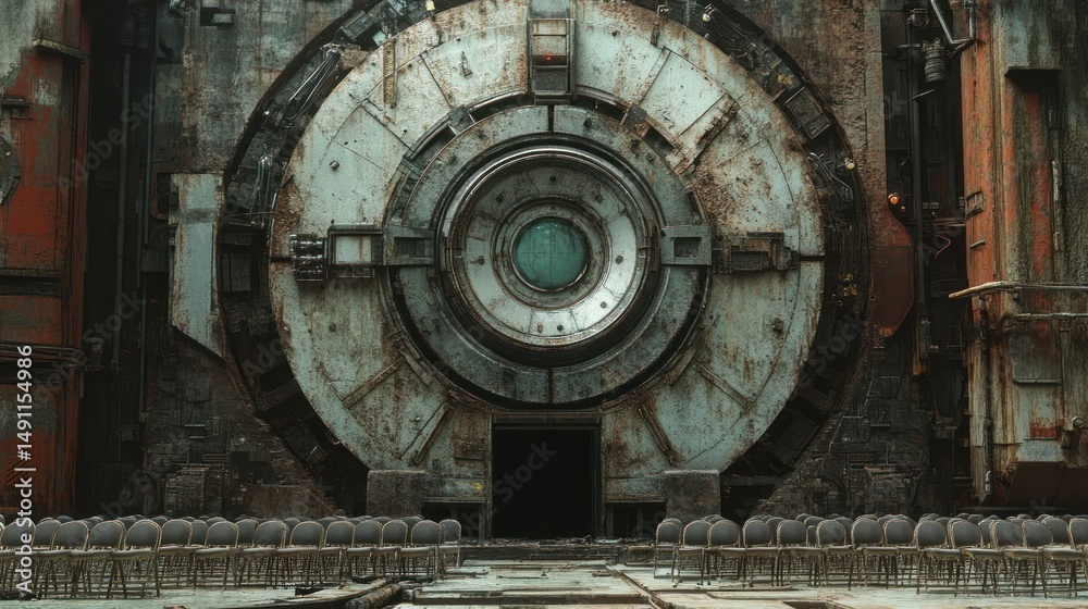 Obraz premium Apocalyptic Sci-Fi Scene: Rusty Machine and Empty Chairs