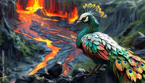 A vibrant peacock with iridescent feathers perches on a rocky outcrop, gazing at a river of lava cascading through a dramatic volcanic terrain under bright daylight.