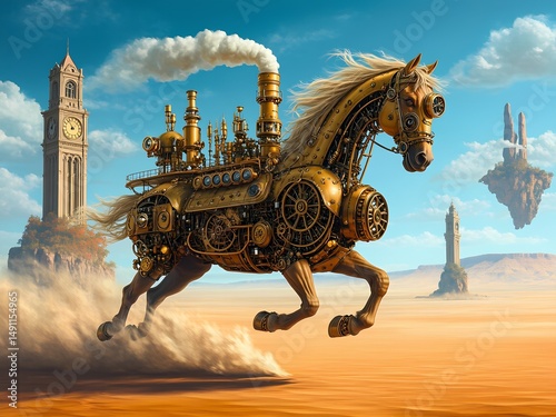 A mechanical horse races across a vast desert, with steam and gears visible. In the background, a clock tower stands tall alongside floating rock formations under a clear blue sky.